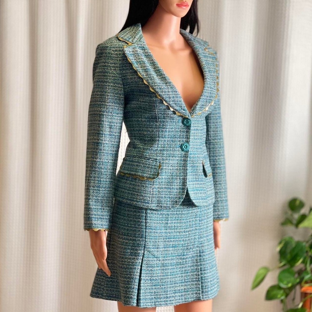 Vintage Y2K Nanette Lepore Teal Tweed Blazer (size 10) Skirt (size 8) Suit Set